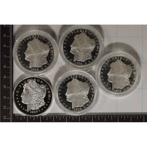 5 PROOF REPLICAS OF MORGAN SILVER DOLLARS: 1964