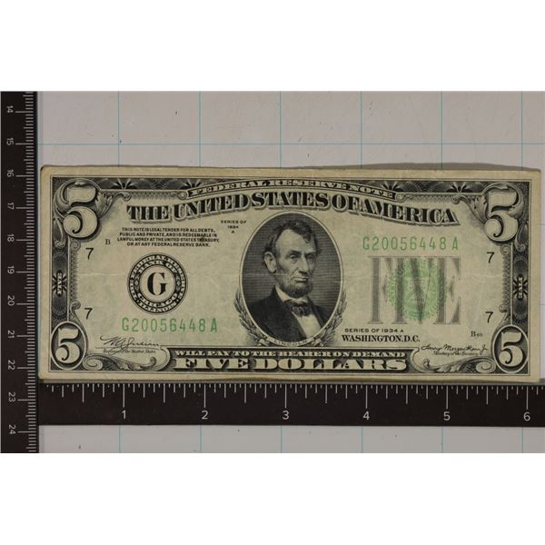 1934-A US $5 FRN GREEN SEAL
