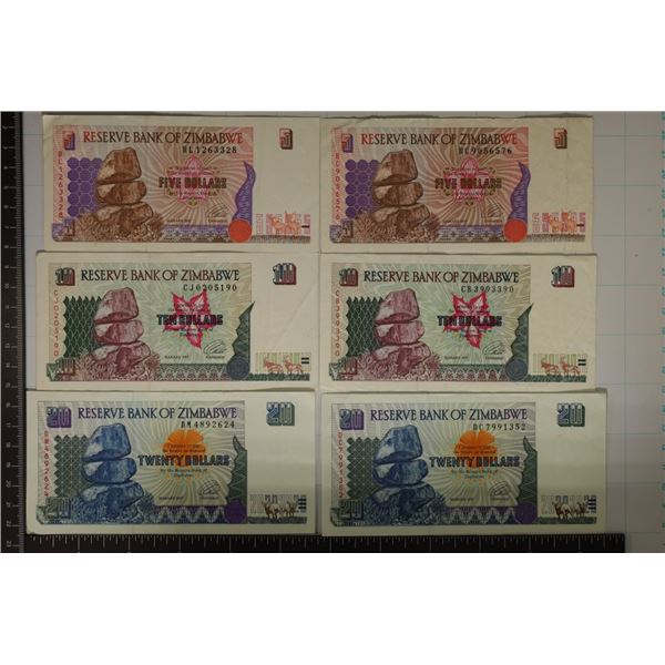6-1997 BANK OF ZIMBABWE BILLS: 2 EACH OF 5, 10 &