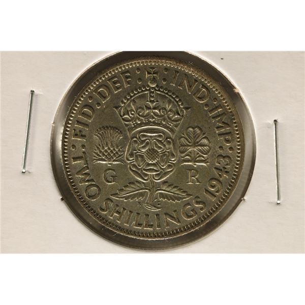 1943 GREAT BRITAIN SILVER 2 SHILLING .1818 OZ. ASW