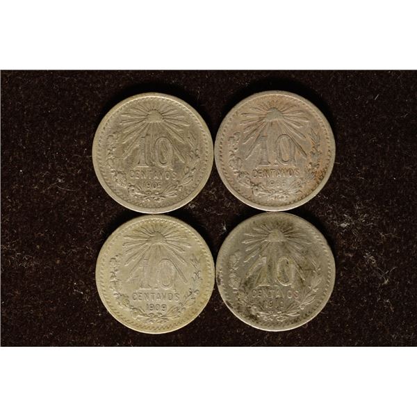 1905, 06, 09 & 1910 MEXICO SILVER 10 CENTAVOS