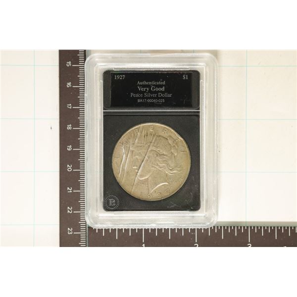 1927-D PEACE SILVER DOLLAR IN SLAB WITH CRACKS