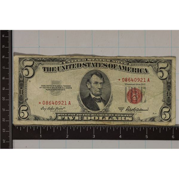 1953-A US $5 RED SEAL STAR NOTE.  SMALL TEAR LEFT