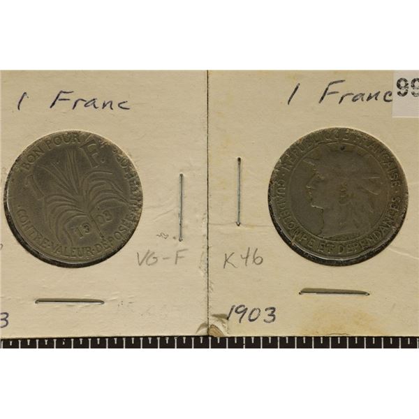 2-1903 GUADELOUPE 1 FRANC COINS