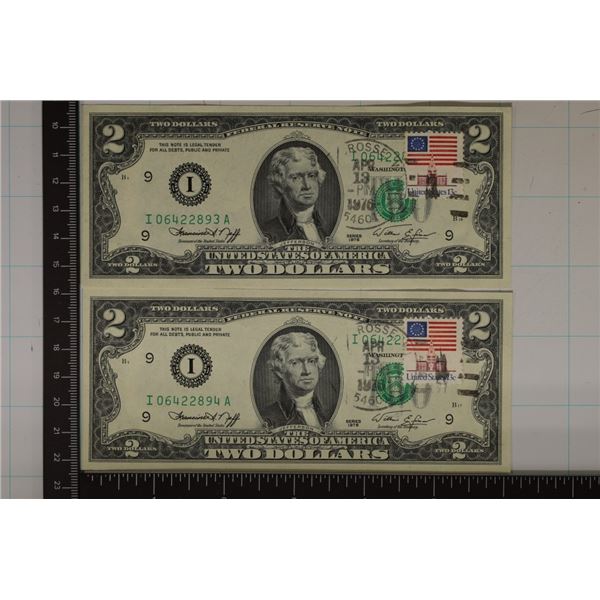 2-1976 US $2 FRN GREEN SEAL'S CRISP UNC WITH US