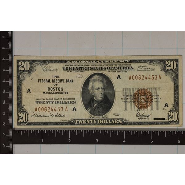 1929 US $20 NATIONAL CURRENCY, BROWN SEAL TYPE 1