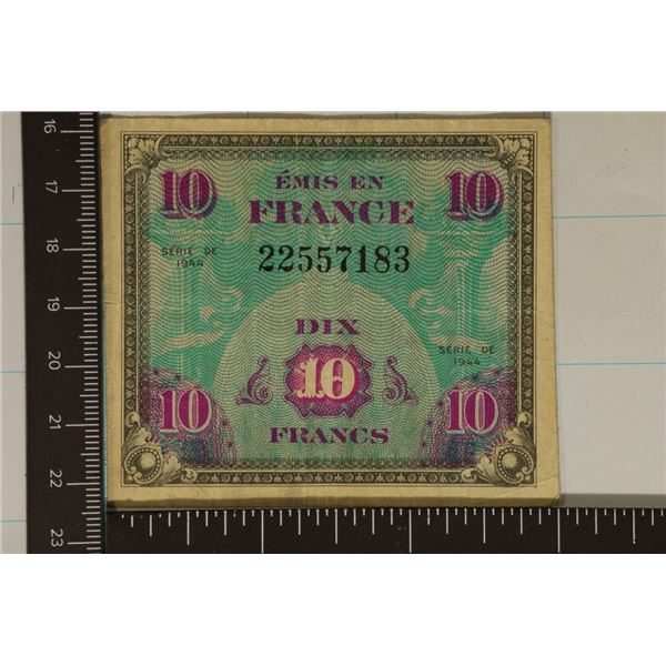 SERIES 1944 FRNACE 10 FRANCS MILITARY PAYMENT CERT