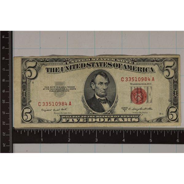1953-B US $5 RED SEAL NOTE WITH MISCUTS SEE PIC