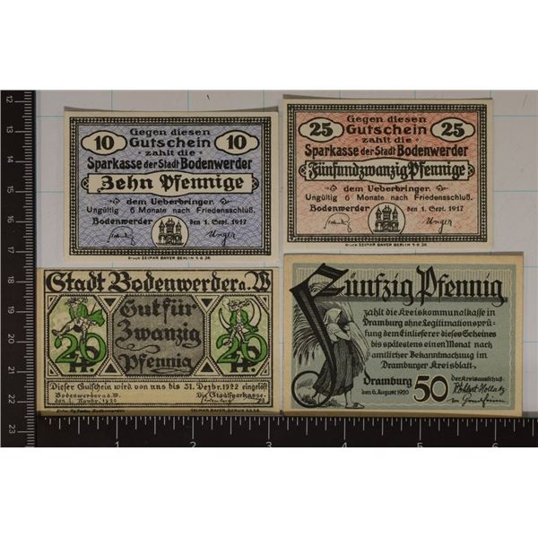 4 GERMAN CRISP UNC NOTGELDS: 1917-TEN PFENNING,