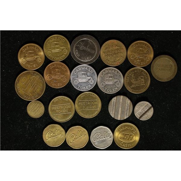 20 ASSORTED TOKENS: CARWASH, BALLY'S, TELEPHONE,