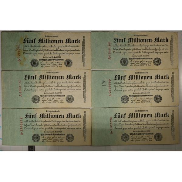 6-1923 GERMAN 5 MILLION MARK BILLS, SOME STAINS