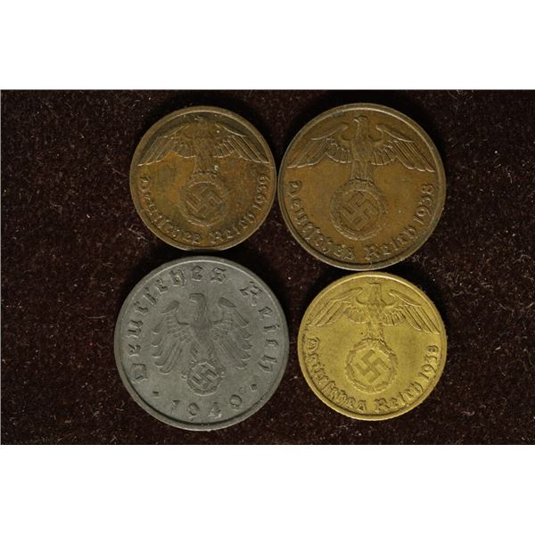 4 GERMAN PFENNING COINS WITH SWASTIKAS 1939-A ONE