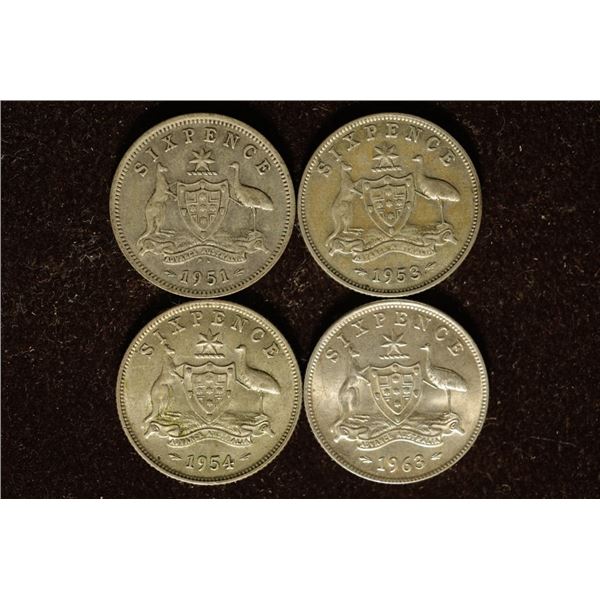 1951, 53, 54 & 1963 AUSTRALIA SILVER 6 PENCE COINS