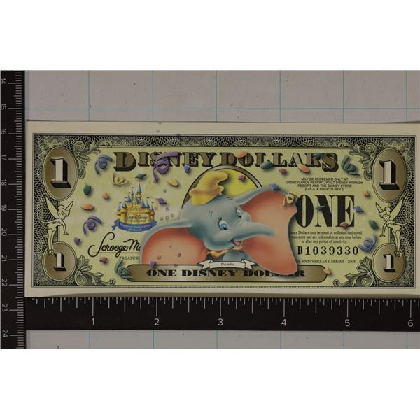 2005 DISNEY $1 CRISP UNC COLORIZED BILL "DUMBO"