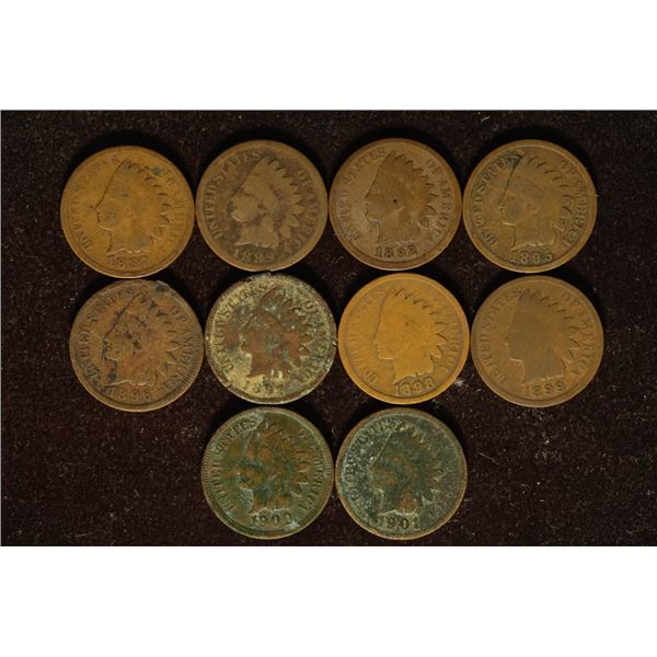 10 ASSORTED INDIAN HEAD CENTS: 1887-1901