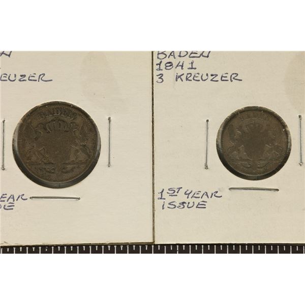 2-1841 BADEN SILVER COINS: 3 KRUEZER & 6 KRUEZER