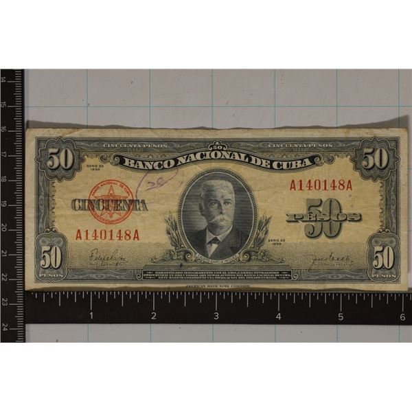 1950 CUBA 100 PESO BILL.  INK ON LEFT OF PORTRAIT