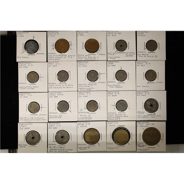 20 ASSORTED DENMARK COINS, 19 ERRORS: 1925-1967,