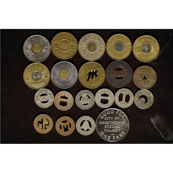 20 ASSORTED METAL TRANSPORTATION TOKENS: