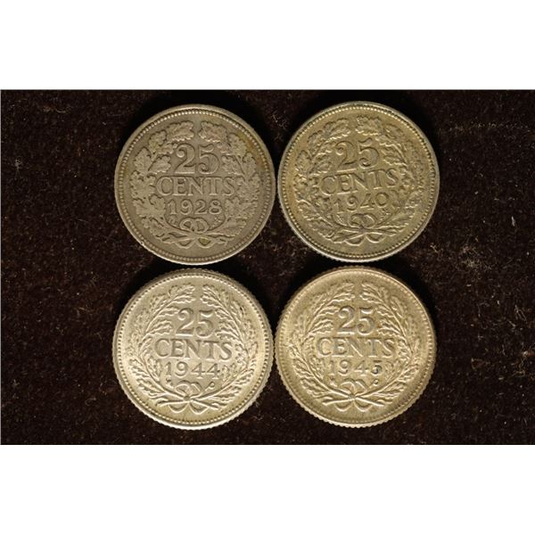 1928, 40, 44 & 1945 NETHERLANDS SILVER 25 CENTS