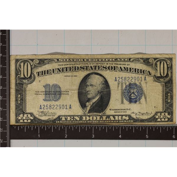 1934 US $10 SILVER CERT. BLUE SEAL.