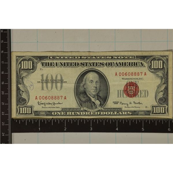 1966 US $100 RED SEAL NOTE. INK ON LEFT OF OBVERSE