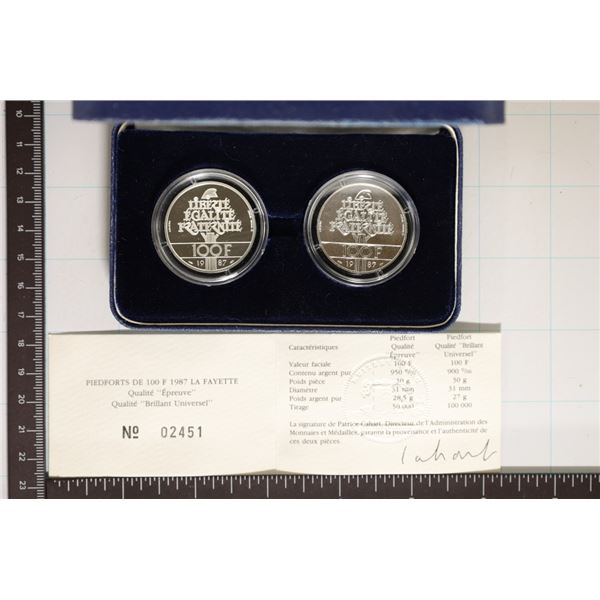 SILVER 2 COIN 1987 FRENCH PIEDFORTS SET 1 PF 1 UNC