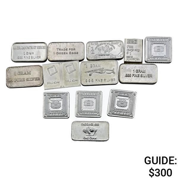 13 Varied 1g Silver Bars [13 Bars]