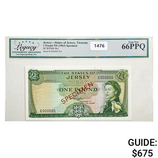 1963  Jersey 1 Pound ND Specimen Currency Legacy GEM UNC PPQ