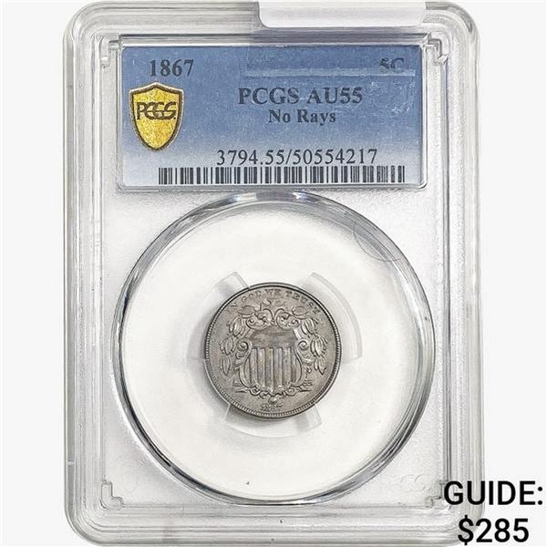 1867 Shield Nickel PCGS AU55 No Rays
