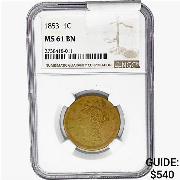 1853 Braided Hair Large Cent NGC MS61 BN
