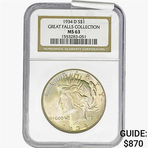 1934-D Silver Peace Dollar NGC MS63 Great Falls Coll.