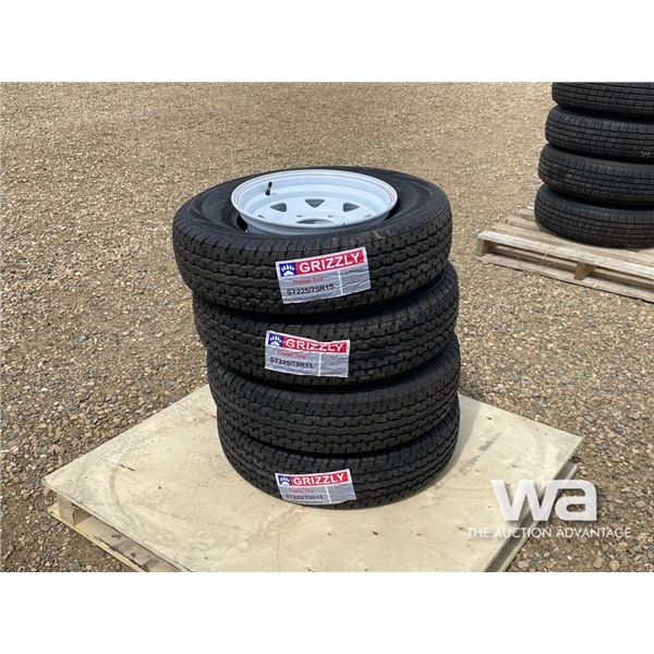 (4) GRIZZLY ST225/75R15 TRAILER TIRES & RIMS