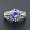 Image 2 : 18k White Gold Brilliant Tanzanite Solitaire w/ Diamond Halo Star Flower Ring