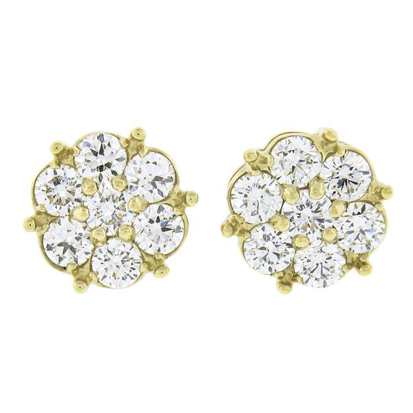New 14k Yellow Gold 1.22 ctw Fiery Brilliant Diamond Cluster Flower Stud Earring
