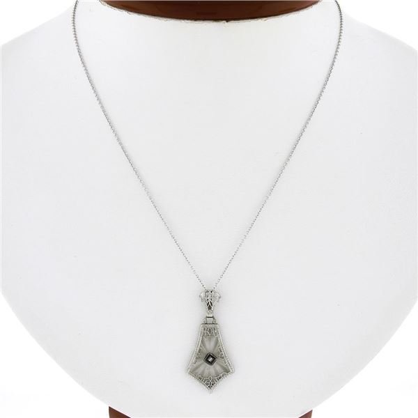 Antique Art Deco 14K Gold Camphor Glass Diamond Filigree Pendulum Pendant Chain