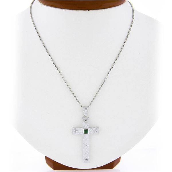 Unisex Vintage 18K Gold Emerald & Diamond Textured Cross Pendant & 24" Box Chain