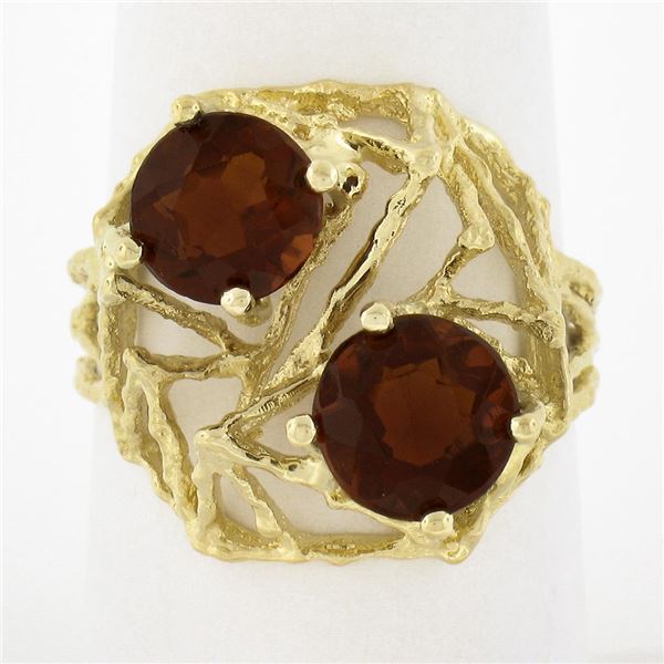 Vintage Handmade 18k Gold 3.2 ctw Round Garnet Open Wire Work Bypass Cocktail Ri