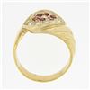 Image 7 : Vintage 18K Gold Round Pave Set Cubic Zirconia & Ruby Grooved Cluster Band Ring