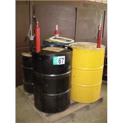 PALLET OF 55 GALLON DRUMS W/ PUMPS, ANTI-FREEZE, OIL STABILIZER, WASHER FLUID