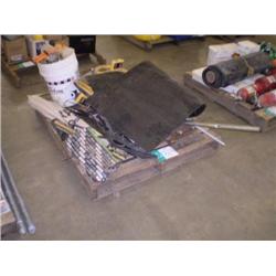PALLET OF MISC PARTS, SEEDER, & UMBRELLA