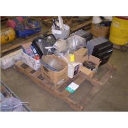 PALLET OF MISC PAINT, PAINT ROLLERS, TOWEL DISPENSER