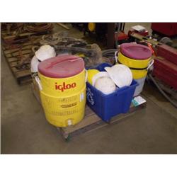 PALLET OF WATER COOLERS, HARD HATS