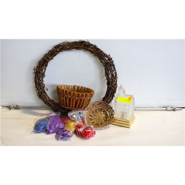 GRAPE WREATH, CRAFT CHAINS, 42" CURTAIN ROD, AND