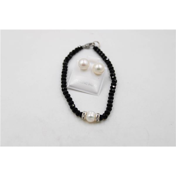 #143-NATURAL BLACK AGATE,PEARL BRACELET & EARRINGS