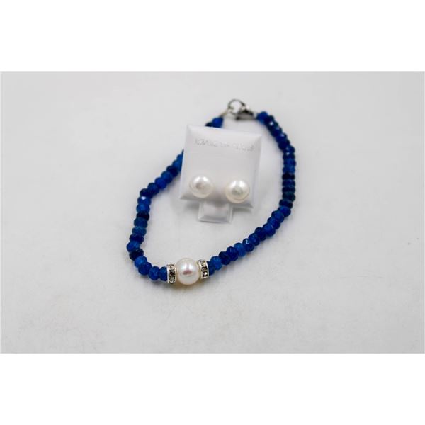 #139-NATURAL BLUE JADE, PEARL BRACELET &  EARRINGS