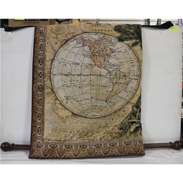 4FT CONTINENT TAPESTRY WALL HANGING W/WOOD