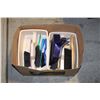 BOX OF CLEANING CADDIES, BRUSHES AND DUST PANS
