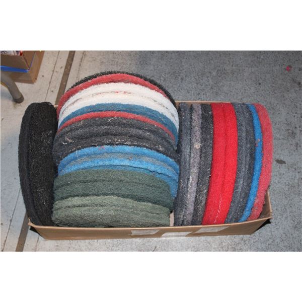 BOX OF 12-13" NEW AND USED FLOOR MACHINE PADS