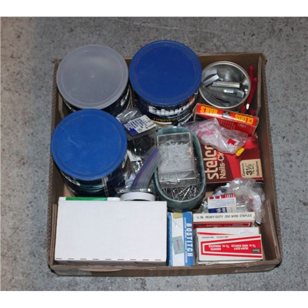 BOX ASSORTED NAILS & STAPLES & MORE - ESTATE